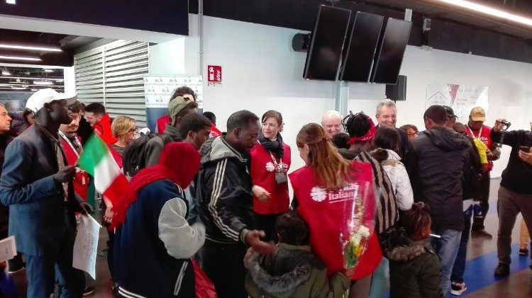 A group of refugees arrives in Rome thanks to a Humanitarian Corridor and are welcomed at the airport