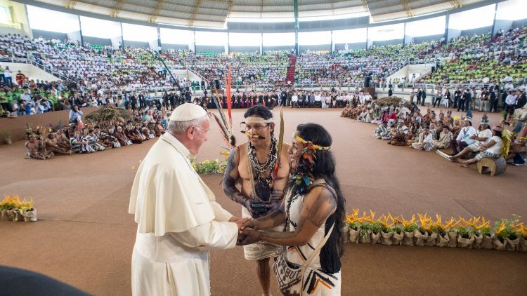 Papa Francesco nell'incontro con i popoli dell'Amazzonia  a Puerto Maldonado, Perù,  19 gennaio 2018