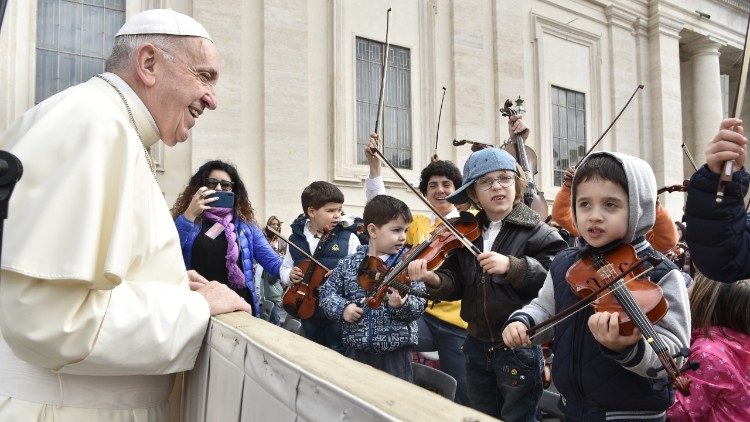 Pope Francis greets young artists at the Wednesday General Audience
