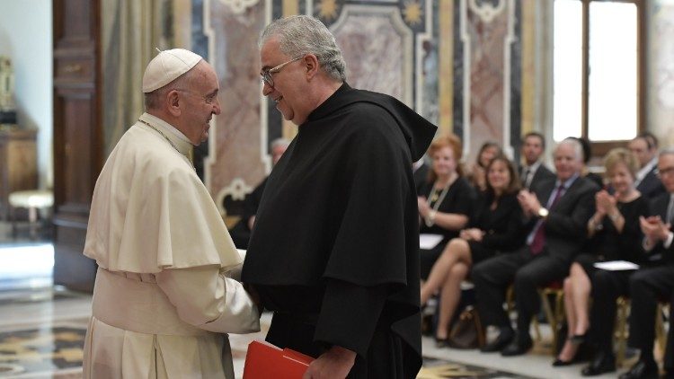 Pope Francis greets the President of Villanova University, Peter M. Donohue, OSA