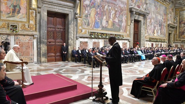 Pope Francis addresses members of the Diplomatic Corps in the Vatican