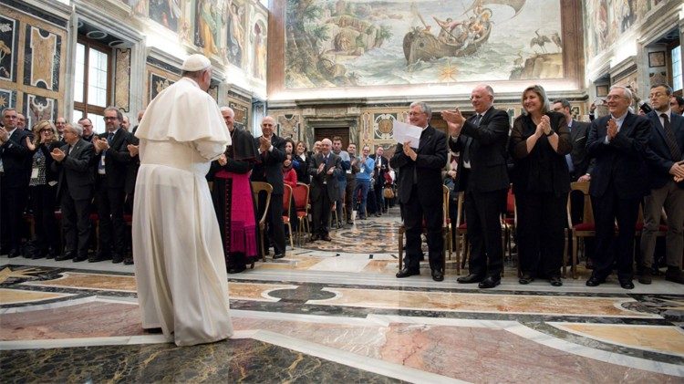 Pope Francis meeting representatives of Italy's periodicals and Catholic weeklies, on Dec. 16, 2017.