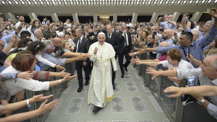 Pope Francis meeting members of the Italian Union for the Fight against Muscular Dystrophy in the Vatican, June2 2018. 