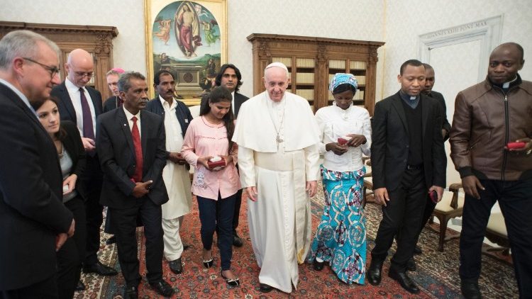 Pope Francis with Asia Bibi's husband and daughter to his right, at a meeting in the Vatican on 24 February, 2018.