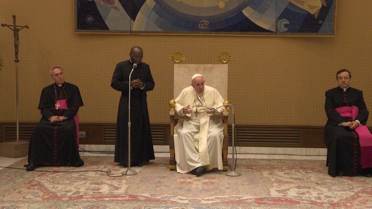 Pope Francis speaks with Jesuits taking part in a course for European Jesuits in formation