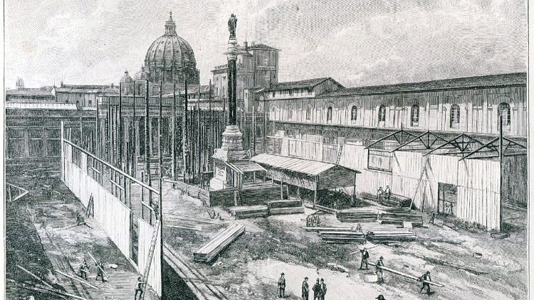 Vaticano 1888 Lavori per l’Esposizione Vaticana nel Cortile della Pigna, incisione (Foto: Musei Vaticani)