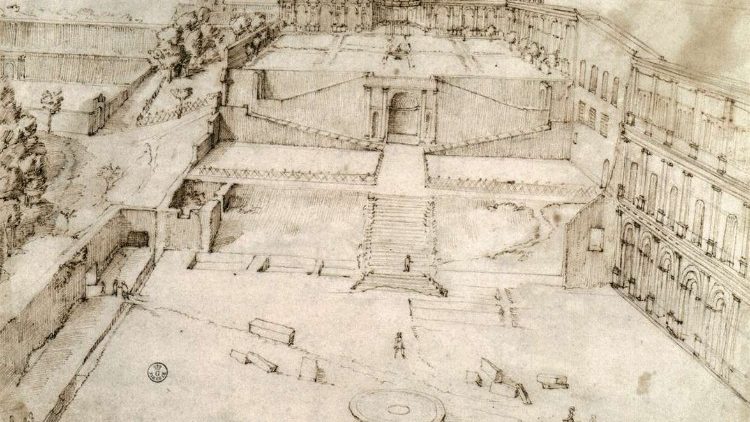 Giovanni Antonio Dosio, kresba nádvoří Belvederu podle Bramantova projektu 