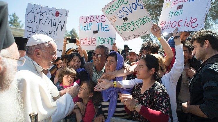 Påven Franciskus vid sitt besök på Lesbos 16 april 2016