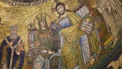 Chiesa di Santa Maria in Trastevere Maestranze romane, Gesù Cristo in trono con Maria Vergine e Santi (terzo quarto del XII secolo), mosaico OK.jpg