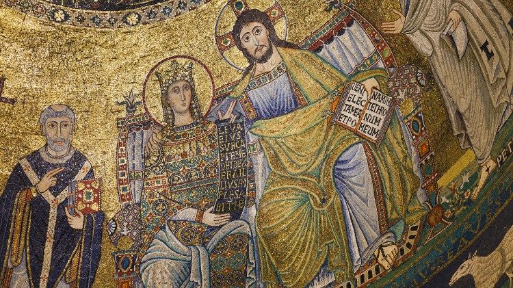 Jesus no trono ao lado da Virgem Maria: mosaico na Basílica de Santa Maria in Trastevere, Roma