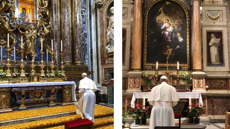 教皇が訪れた、ローマの聖マリア大聖堂「サルス・ポプリ・ロマーニ」の礼拝堂（左）、聖アゴスティーノ教会「聖モニカの礼拝堂」（右）