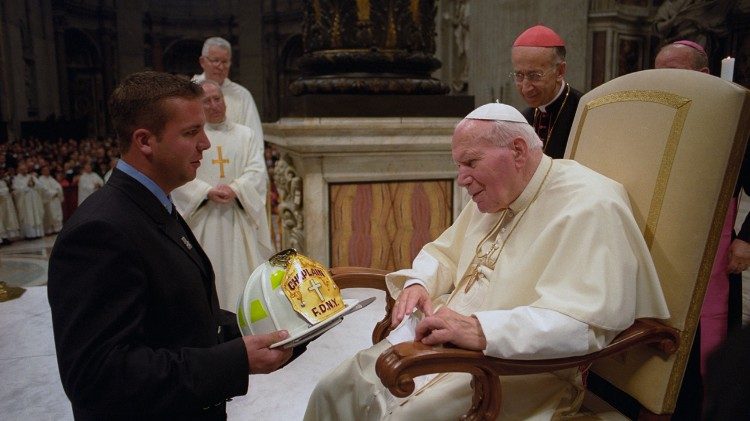 Pope St. John Paul II at an audience with New York firefighters, November 10, 2001