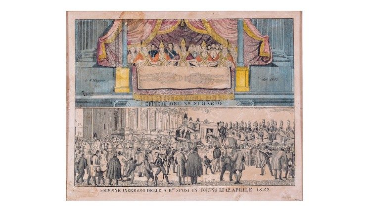 Ostensione del 1842 in occasione del matrimonio di Vittorio Emanuele II, incisione a colori. Torino, Museo della Sindone