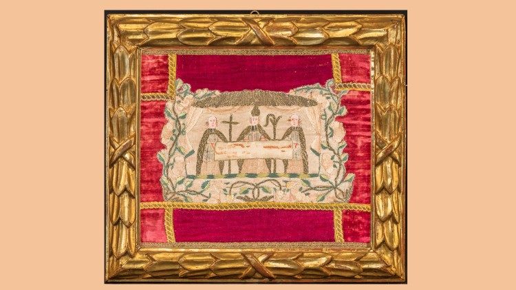 Bottega Savoiarda, Ostensione della Sindone di Besançon, XVII sec, seta dipinta e ricamata, Castello di Racconigi