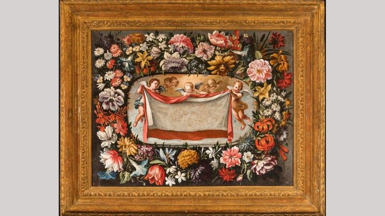 Sindone sorretta da tre angioletti entro ghirlanda di fiori, scuola piemontese del XVIII, olio su tela, cm 59x76, Castello di Racconigi