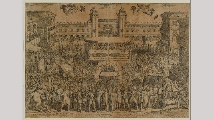 Antonio Tempesta, Ostensione della Sindone nella piazza del Castello di Torino, 1613, incisione all’acquaforte. Torino, Palazzo Madama, Museo Civico d’Arte Antica