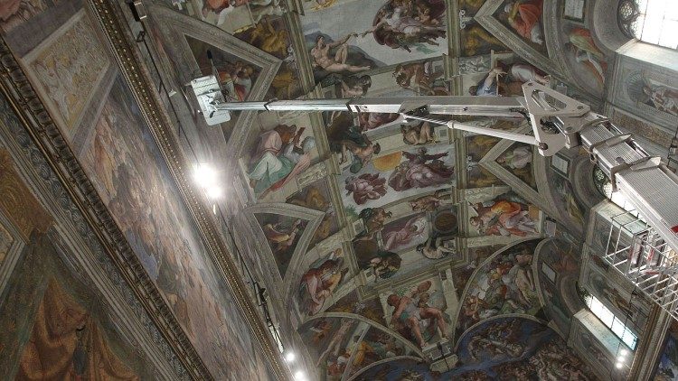A mechanical arm is used in the annual maintenance of the frescoes.