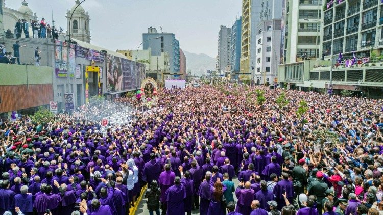 The procession with the image of  the “Lord of Miracles” in Lima, Peru, in the "purple month" of October, 2019.  