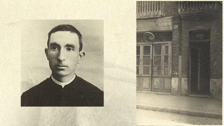 A destra: la casa natale; a sinistra: il giovane Tiburcio appena ordinato sacerdote