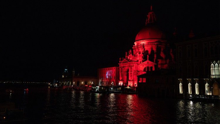 A red-lit building to raise awareness on religious persecution