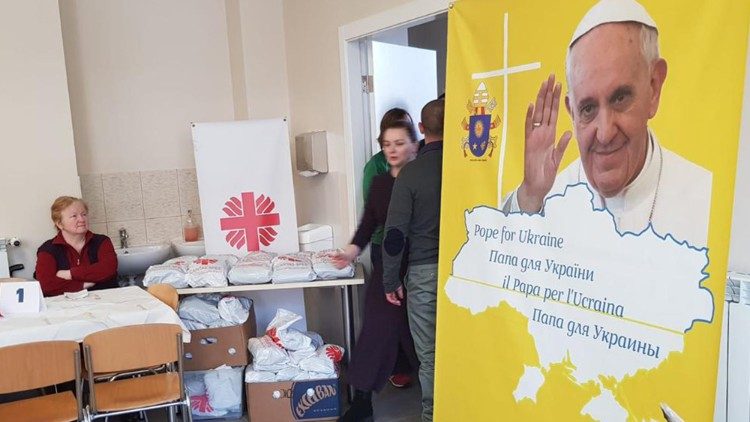 Pope for Ukraine project banner displayed in the Caritas Ukraine headquarters