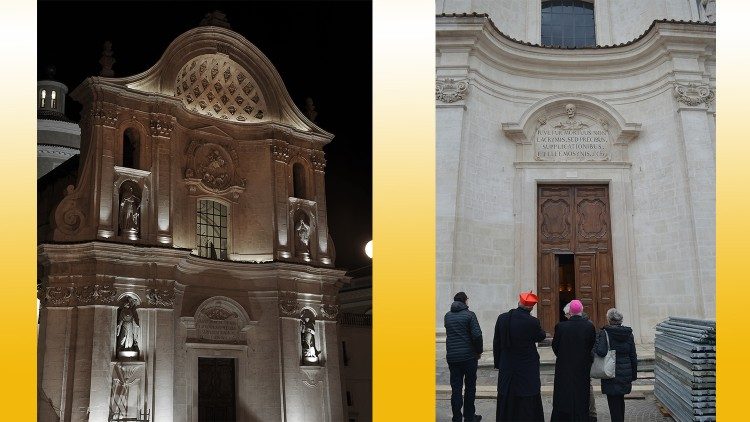 La facciata illuminata Chiesa della Santa Maria del Suffragio e un momento del sopralluogo del Cardinale Petrocchi insieme ai tecnici 