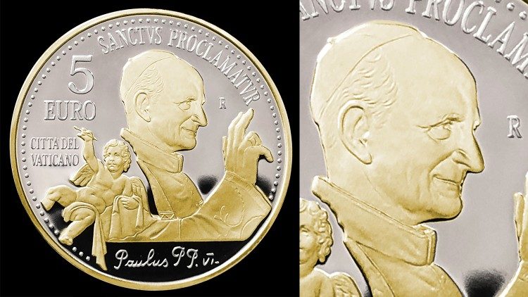 Moneta da 5 euro per la canonizzazione di Paolo VI (fronte)
