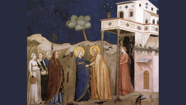 Representação da "Visitação de Nossa Senhora à sua prima Isabel", após a Anunciação do Arcanjo Gabriel