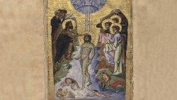 20190113_vangelo di domenica_BAV_Urb.gr.2_0113_fa_0109v-110r_battesimo nel Giordano, Ges Cristo, Giovanni Battista_tu sei il Figlio mio, lamato.jpg