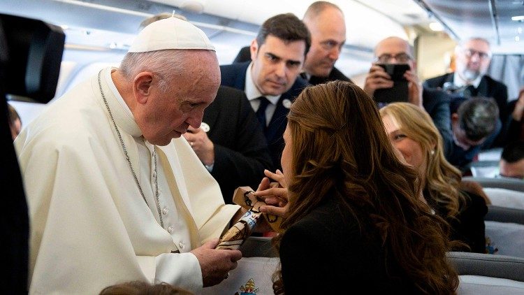 Pope Francis with media persons on board flight to Panama