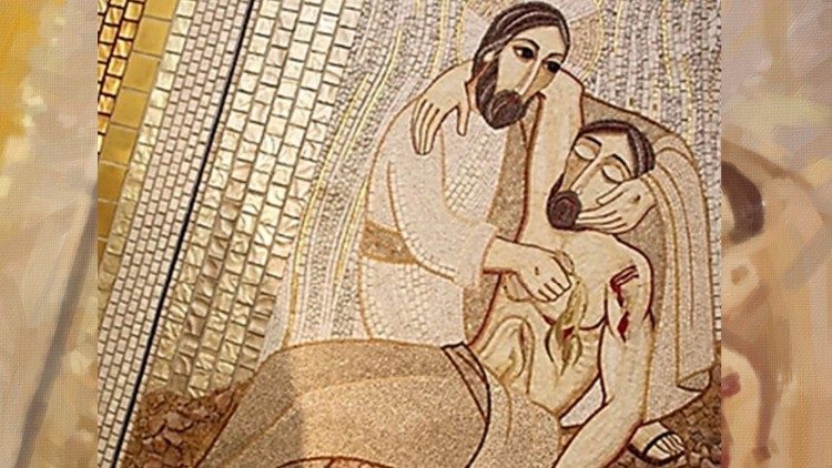 Mosaic illustration of Marco Rupnik sj, the merciful one