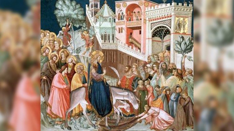 Hyrja e Jezusit në Jeruzalem, pritet me brohoritjet e turmës që përshëndetnin Birin e Davidit. 