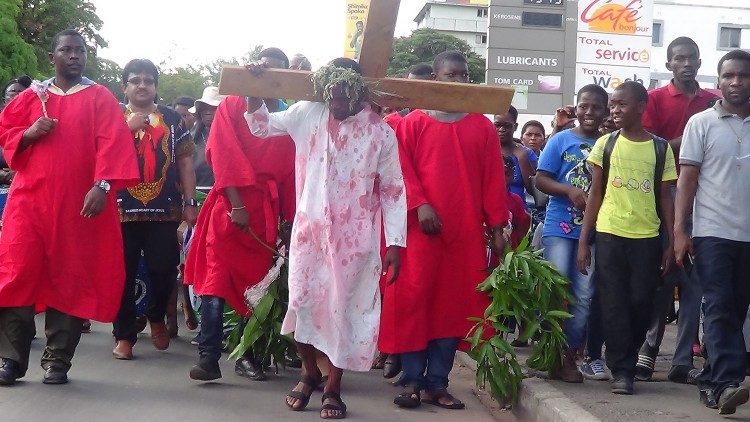 The faithful of St Theresa's Cathedral in Livingstone, Zambia, re-enact the Passion of Christ with a procession through the city, on Good Friday.