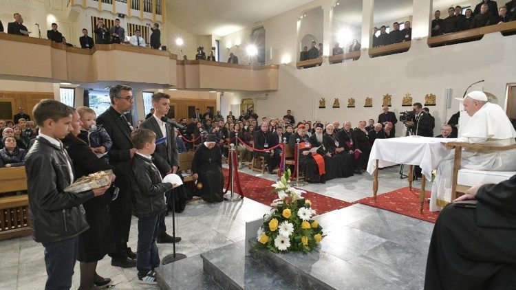 Father Goce Kostov and his family address Pope Francis during the meeting with  priests and  religious  in Skopje on the last day of his apostolic visit to Bulgaria and North Macedonia