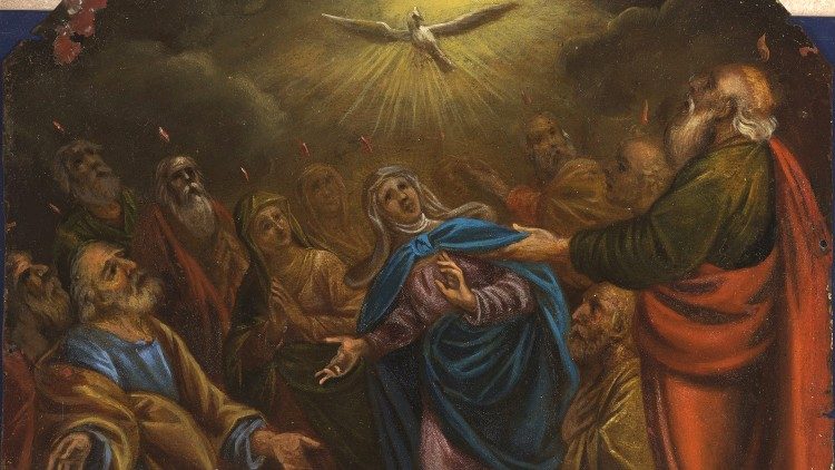 Pentecoste, discesa dello Spirito Santo sugli apostoli e Madonna, lingue di fuoco, colomba