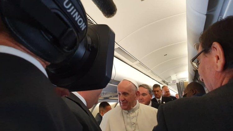 Pope Francis on the plane on his way to Mozambique