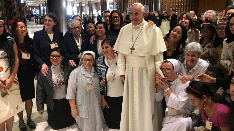 Pope Francis with a group of women religious and laywomen attending the Synod
