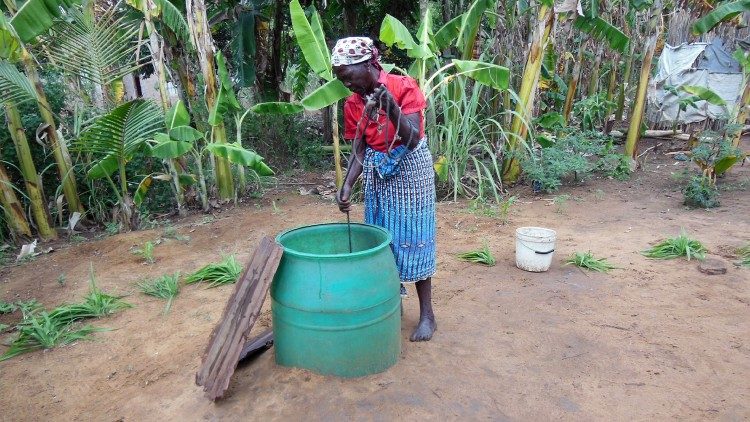 Mulher do mundo rural em Moçambique tirando água de um poço. Donna rurale - Mozambico