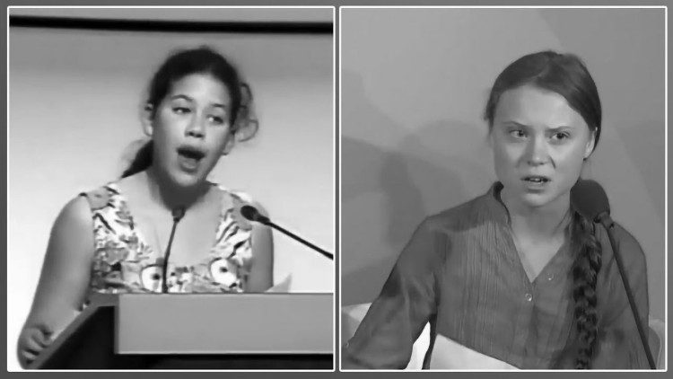 உலகத் தலைவர்கள் முன் உரையாற்றிய செவெர்ன் கல்லிஸ் சுசுகி (Severn Cullis Suzuki), மற்றும், கிரியெத்தா துன்பெரெய் (Greta Thunberg)