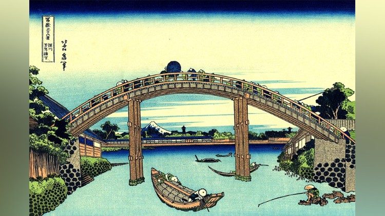 2019.11.19 disegno giapponese Ponte Fiume Giappone Scintoismo Barche Viaggio