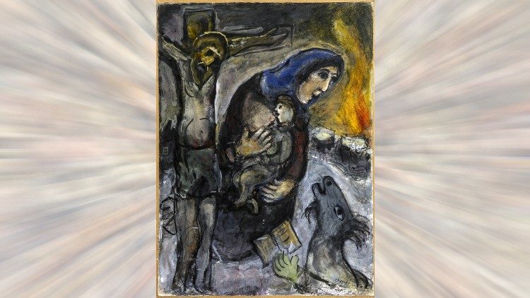 Marc Chagall, Le Crucifix-Entre Dieu et le Diable, gouache e pastelli su carta applicata su cartoncino, 1943, Musei Vaticani, Collezione d'Arte Contemporanea