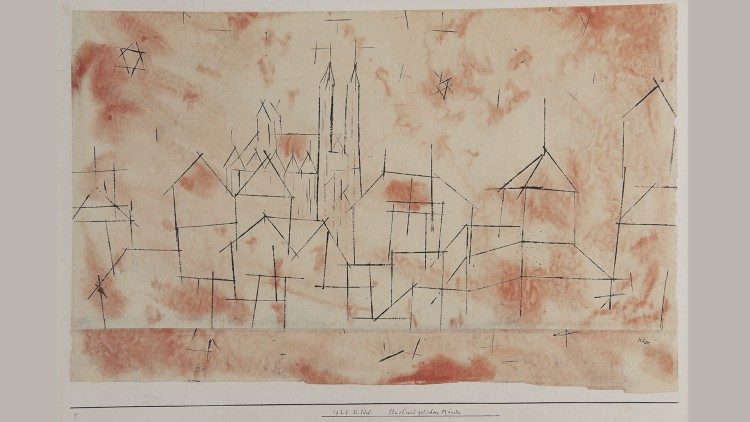 Paul Klee, Stadt mit gotschen Münster, disegno a ricalco a olio e acquerello su carta, tagliata e rimontata su cartonicino, 1925, Musei Vaticani, Collezione d'Arte Contemporanea