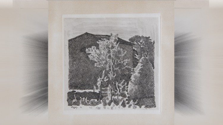 Giorgio Morandi, Il poggio al mattino, acquaforte 1928, Musei Vaticani, Collezione d'Arte Contemporanea