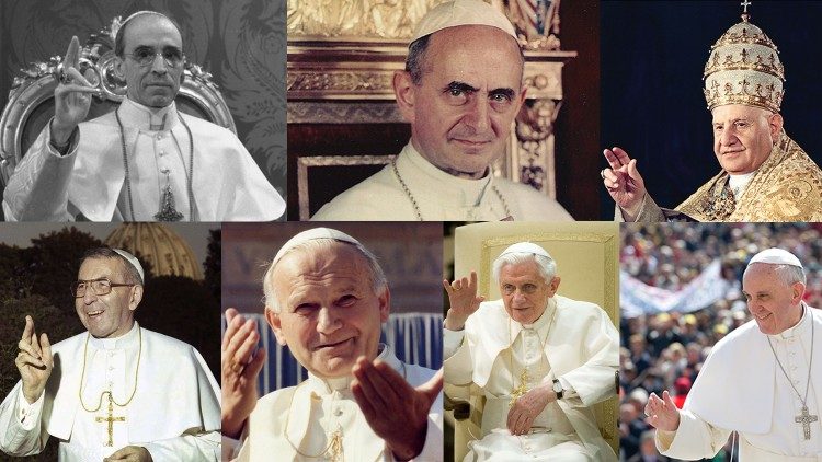Papeži: Pij XII., Pavel VI., Janez XXIII., Janez Pavel I., Janez Pavel II., Benedikt XVI: in papež Frančišek.