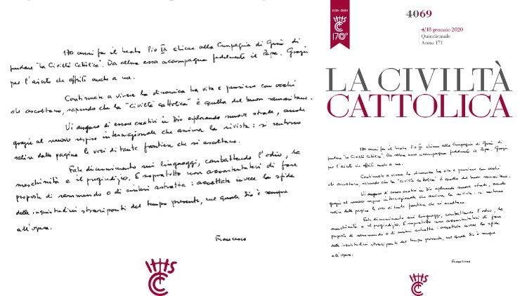 Pápežov vlastnoručne napísaný pozdrav na obálke nového čísla La Civiltà Cattolica
