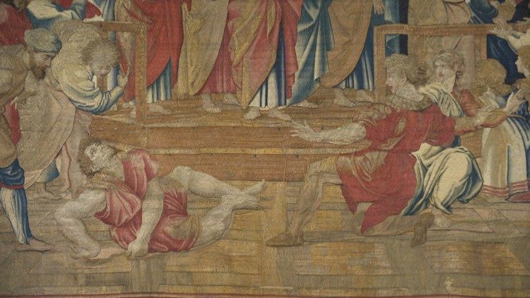 Particolare de "la morte di Anania", arazzo su cartone di Raffaello
