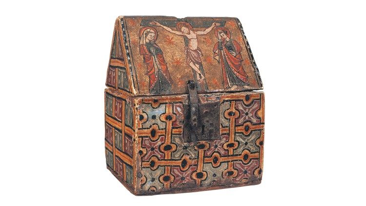  Cassetta - reliquiario, inizi del XIV secolo. Pittura a tempera su legno. Vic, Museo episcopale,