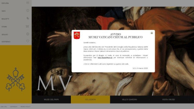 Hinweis auf der Homepage der Vatikanischen Museen zu den Maßnahmen gegen Corona
