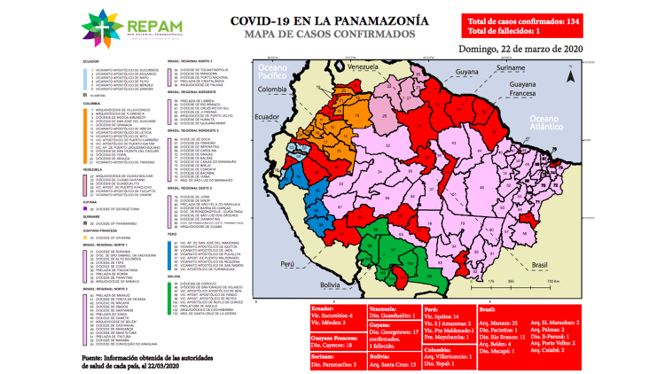 Mapa de la REPAM sobre el avance del COVID19 en el territorio amazónico