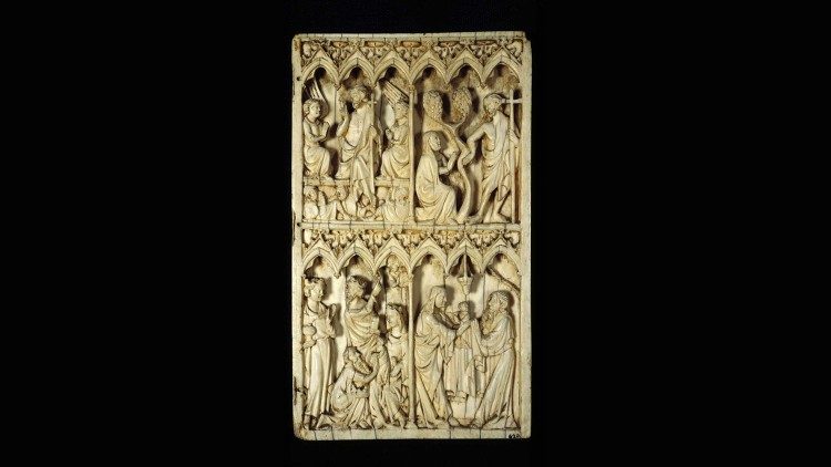 Sculpture allemande de la 2e moitié du XIVe siècle en ivoire, partie droite d'un diptyque avec les scènes de la Résurrection, "Ne me touche pas", Épiphanie, Présentation au Temple.